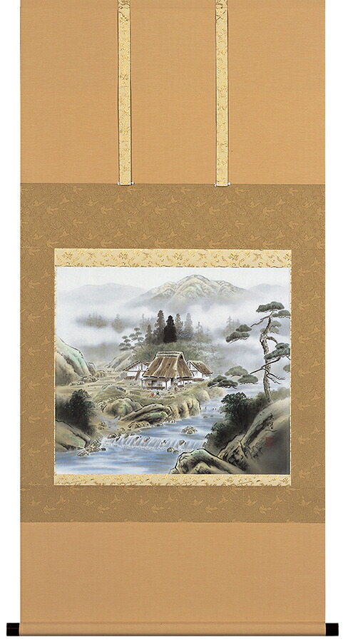 掛け軸 / 四神相応山水図 棚橋玄道 尺八横 65×138cm 桐箱収納 年中掛け 彩色 風景