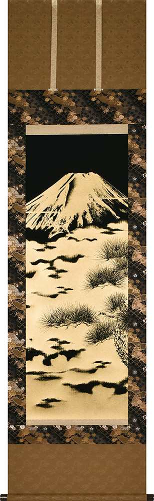 掛け軸 / 本金押箔 黄金富士 奥田久志 尺五立 53×190cm 太巻桐箱収納