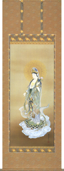 掛け軸 / 仏事 雲上聖観音 わだ 床の間 おしゃれ 壁掛け 絵 75cm×197cm