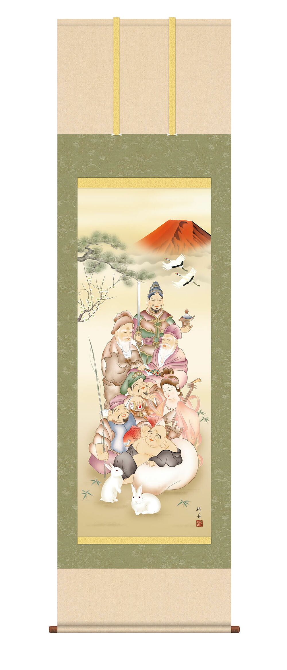 掛け軸 / 尺五立 七福縁起兎之図 長江桂舟 幅54.5×高さ約190cm 干支 縁起画 桐箱 風鎮 防虫香 3点セット付