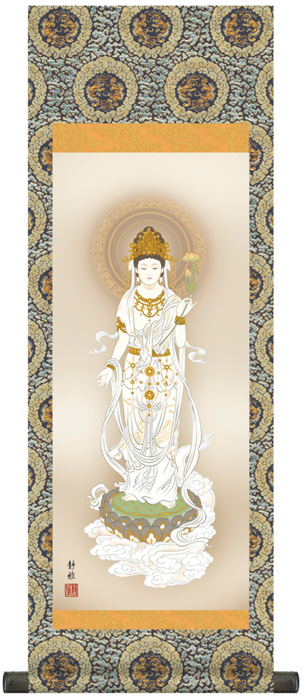 掛け軸 / 仏事 白衣観音 阿部 化粧箱 金襴本表装 床の間 おしゃれ 壁掛け 絵 60cm×21cm