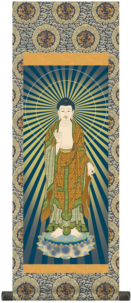 掛け軸 / 仏事 阿弥陀如来 山村 化粧箱 金襴本表装 床の間 おしゃれ 壁掛け 絵 80cm×28cm