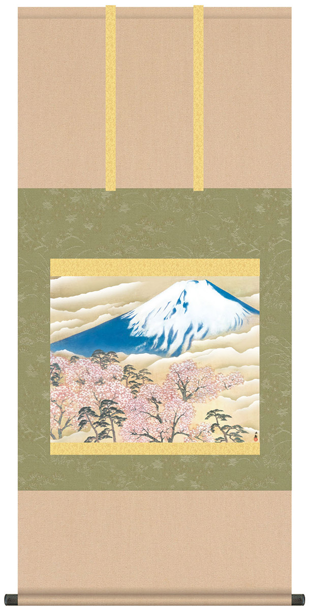 掛け軸 / 桐箱 風鎮 防虫香セット付 横山大観150周年特別企画 富士に桜図 尺五サイズ 複製画