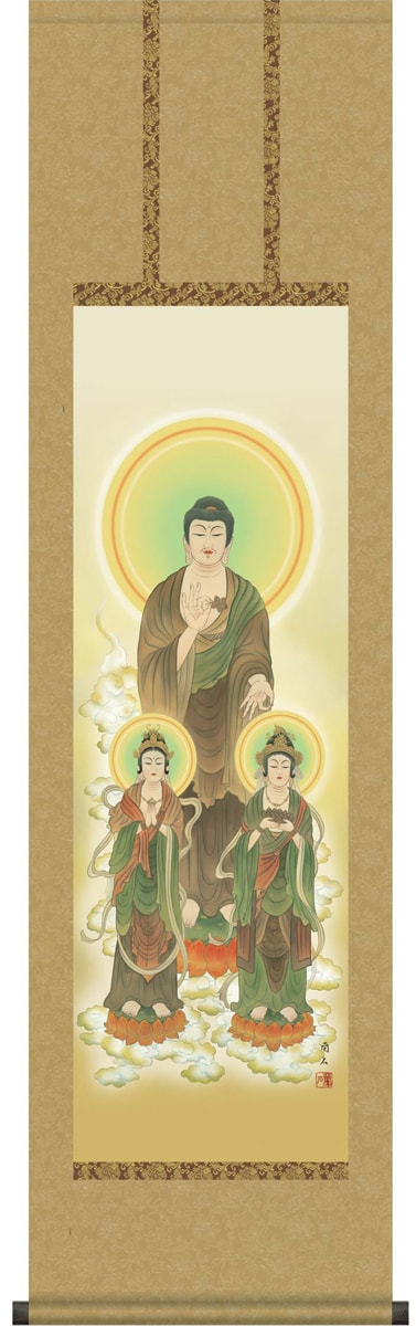 掛け軸 / 仏事 仏書画 高見 尺三立 化粧箱 洛彩緞子佛表装 床の間 おしゃれ 壁掛け 絵 44.5cm×164cm