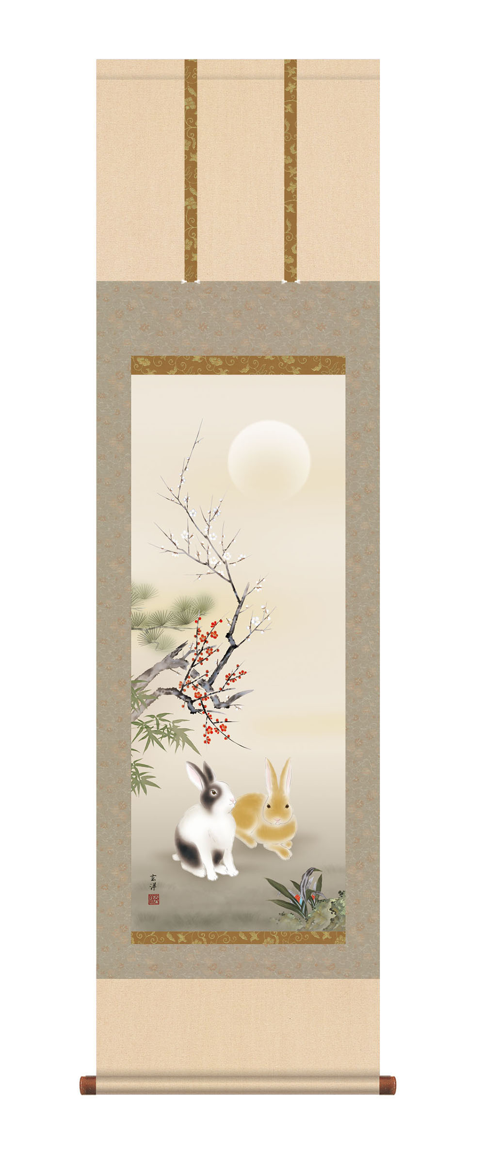 掛け軸 / 尺三立 松竹梅兎之図 近藤玄洋 幅44.5×高さ約164cm 干支 縁起画 化粧箱 風鎮 防虫香 3点セット付