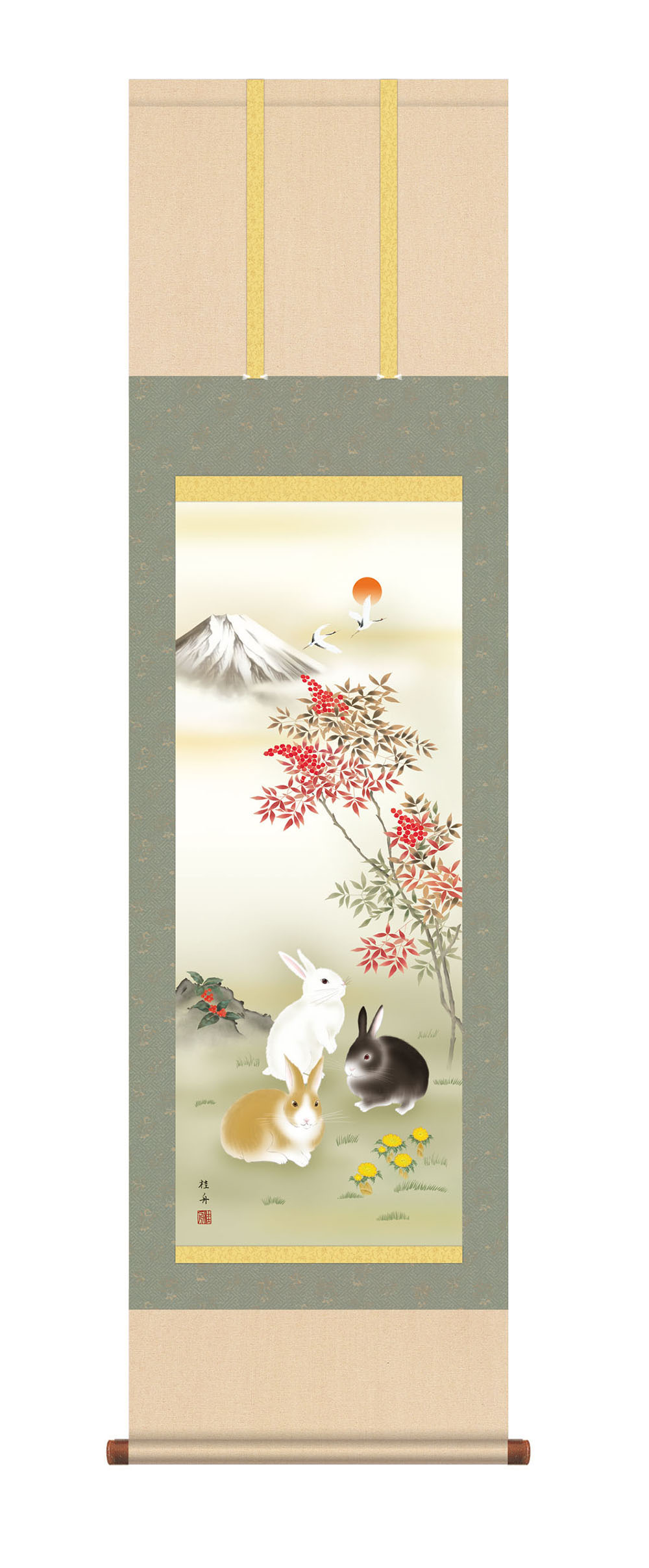掛け軸 / 尺三立 三兎南天福寿 長江桂舟 幅44.5×高さ約164cm 干支 縁起画 化粧箱 風鎮 防虫香 3点セット付