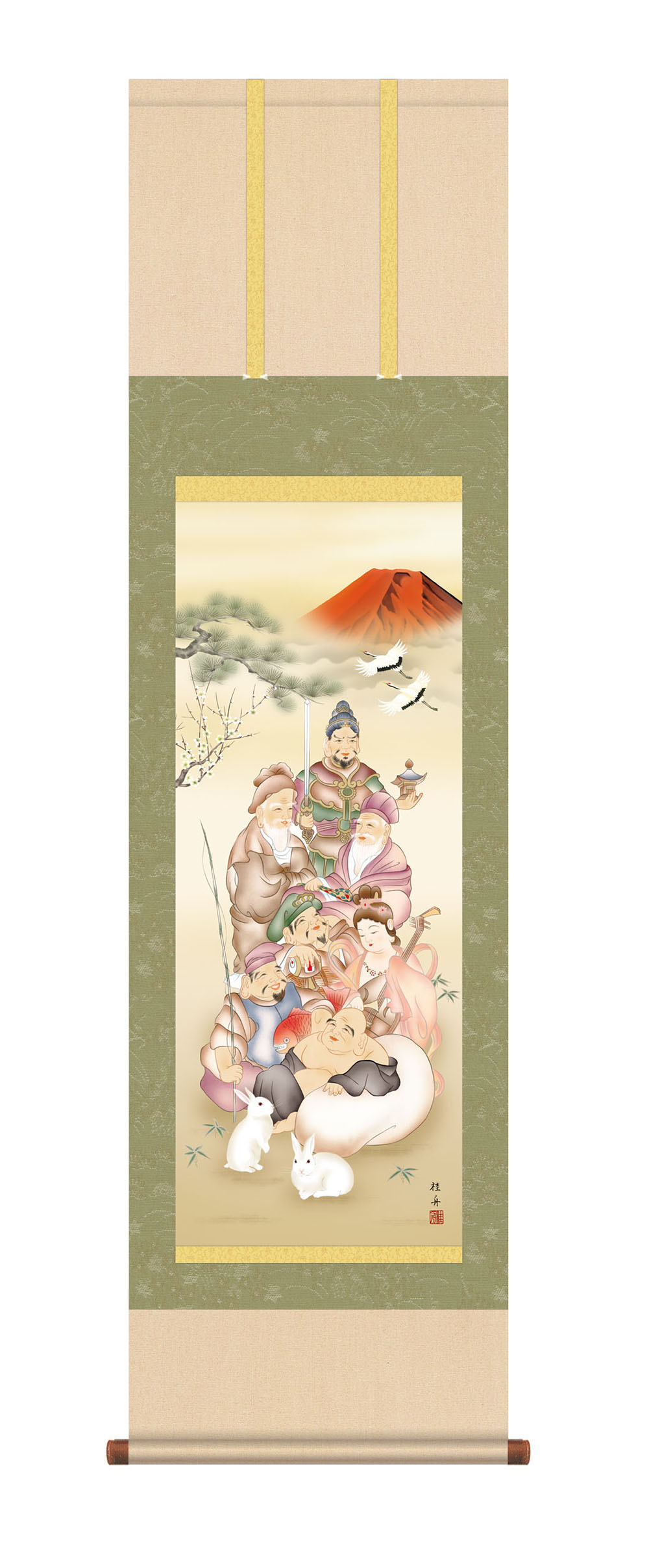 掛け軸 / 尺三立 七福縁起兎之図 長江桂舟 幅44.5×高さ約164cm 干支 縁起画 化粧箱 風鎮 防虫香 3点セット付