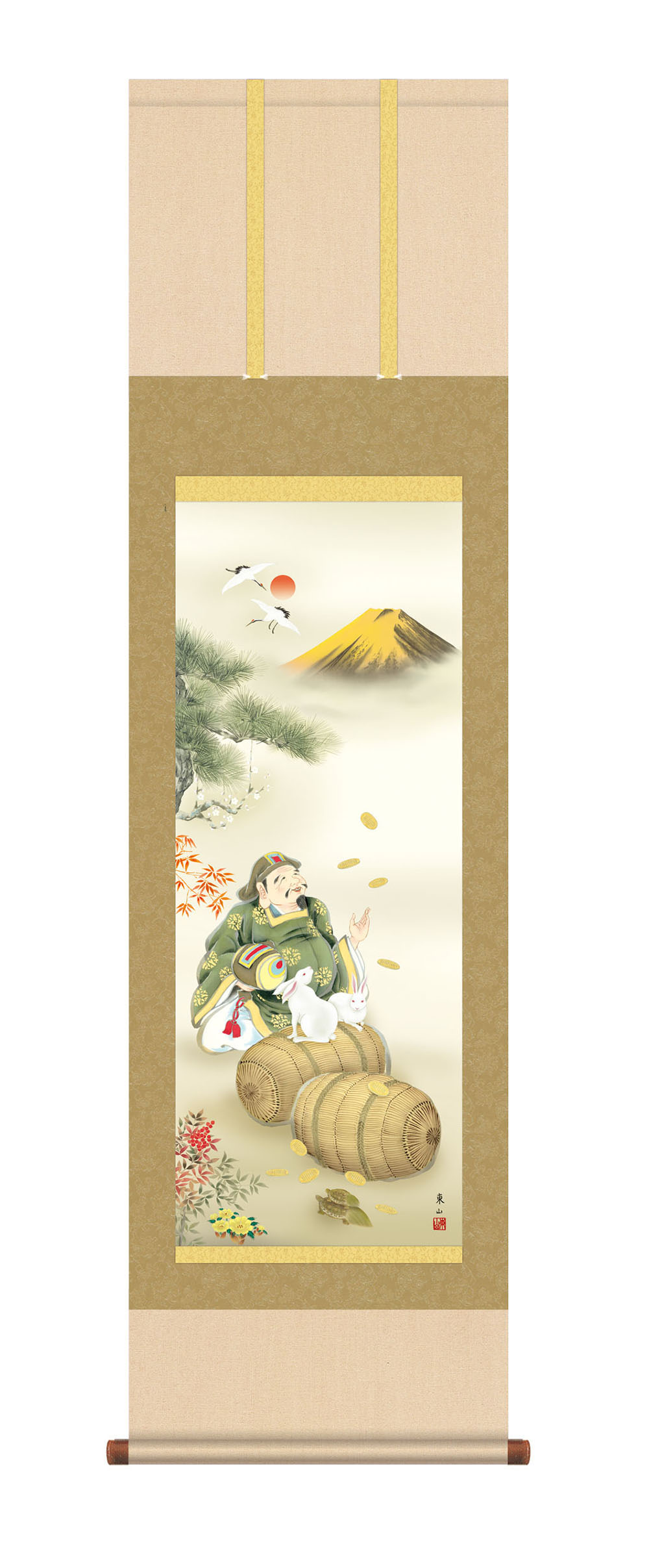 掛け軸 / 尺三立 縁起兎大黒天 榎本東山 幅44.5×高さ約164cm 干支 縁起画 化粧箱 風鎮 防虫香 3点セット付