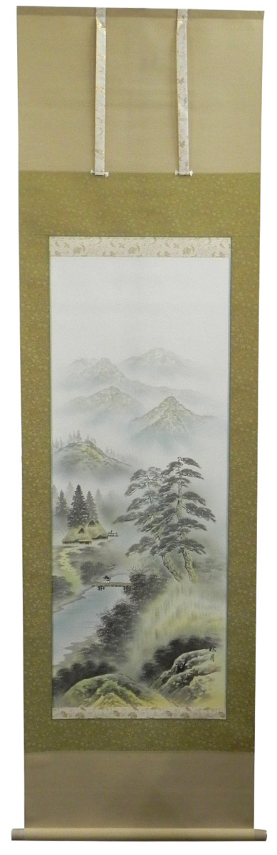 掛け軸 / 彩色山水 木下秋月 尺五立