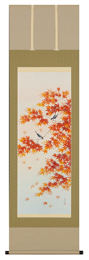 掛け軸 / 紅葉に小禽 鈴木 秀湖