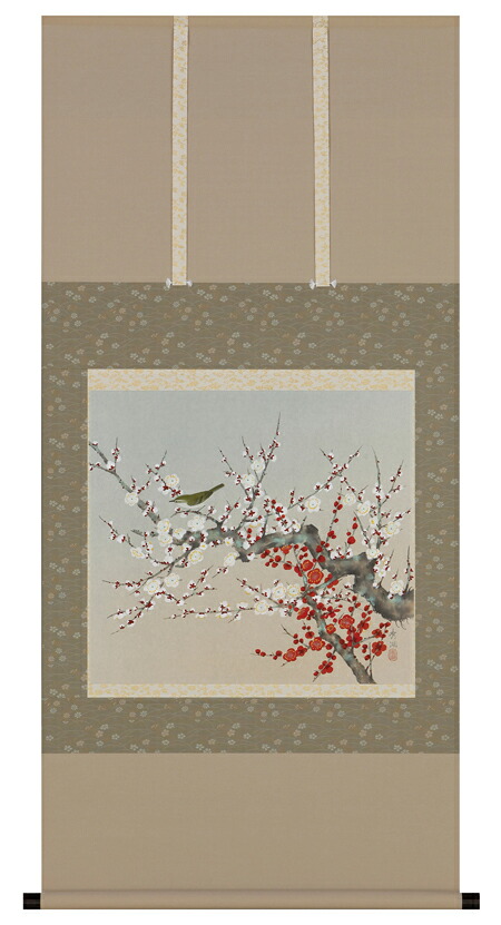 掛け軸 / 紅白梅鶯 鈴木 秀湖