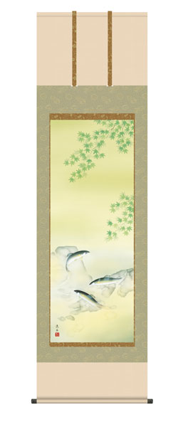掛け軸 / 楓に鮎 依田流石 草夕会 尺五立幅54.5×高さ約190cm 花鳥画 夏掛け