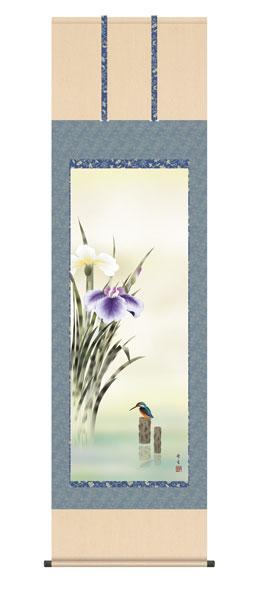 掛け軸 / 菖蒲 北山歩生 三美会 尺五立幅54.5×高さ約190cm 花鳥画 夏掛け
