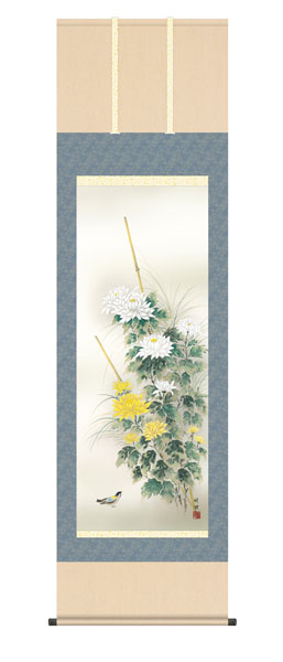 掛け軸 / 菊花 田村竹世 三美会 尺五立幅54.5×高さ約190cm 花鳥画 秋掛け