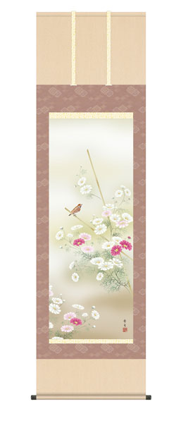 掛け軸 / 秋桜 北山歩生 三美会 尺五立幅54.5×高さ約190cm 花鳥画 秋掛け
