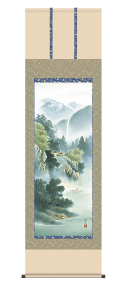 掛け軸 / 深緑渓谷 佐伯峰水 洛友会 尺五立幅54.5×高さ約190cm 山水画 彩色山水