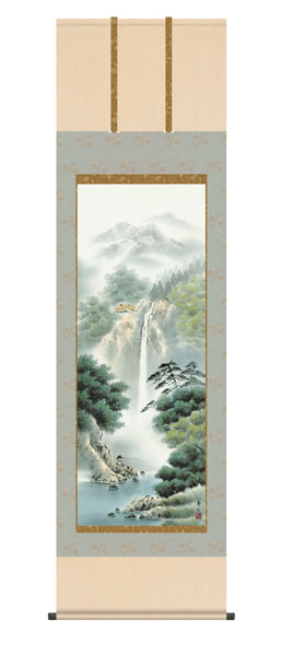 掛け軸 / 幽山渓谷 鈴村秀山 三美会 尺五立幅54.5×高さ約190cm 山水画 彩色山水