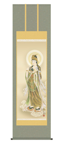 掛け軸 / 仏事 雲上観音 桐箱 床の間 おしゃれ 壁掛け 絵 54.5cm×190cm