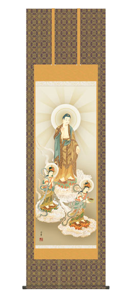 掛け軸 / 仏事 阿弥陀三尊佛 桐箱 床の間 おしゃれ 壁掛け 絵 54.5cm×190cm