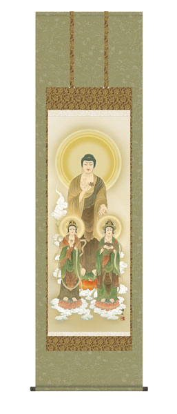 掛け軸 / 仏事 阿弥陀三尊佛 桐箱 床の間 おしゃれ 壁掛け 絵 54.5cm×190cm