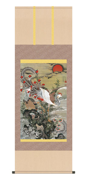 掛け軸 / 伊藤 若冲 旭日鳳凰図 尺五アンドン幅54.5×高さ約153cm 名画複製画