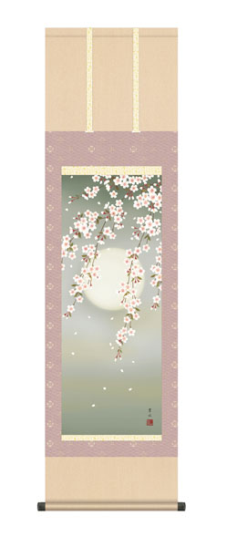 掛け軸 / 緒方 葉水 清瀧会 夜桜 尺三立幅44.5×高さ約164cm 花鳥画 春掛け