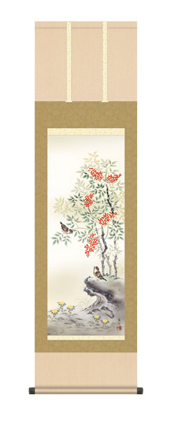 掛け軸 / 高見 蘭石 三美会 南天福寿 尺三立幅44.5×高さ約164cm 花鳥画 冬掛け