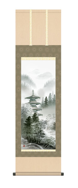 掛け軸 / 鈴村 秀山 三美会 水墨塔景 尺三立幅44.5×高さ約164cm 山水画 水墨山水