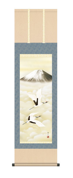 掛け軸 / 鈴村 秀山 三美会 霊峰飛鶴 尺三立幅44.5×高さ約164cm 慶祝画 鶴亀