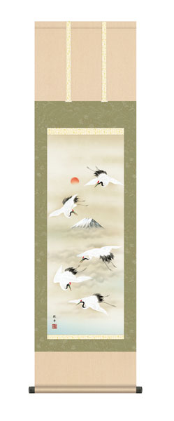 掛け軸 / 長江 桂舟 三美会 富岳飛翔 尺三立幅44.5×高さ約164cm 慶祝画 鶴亀