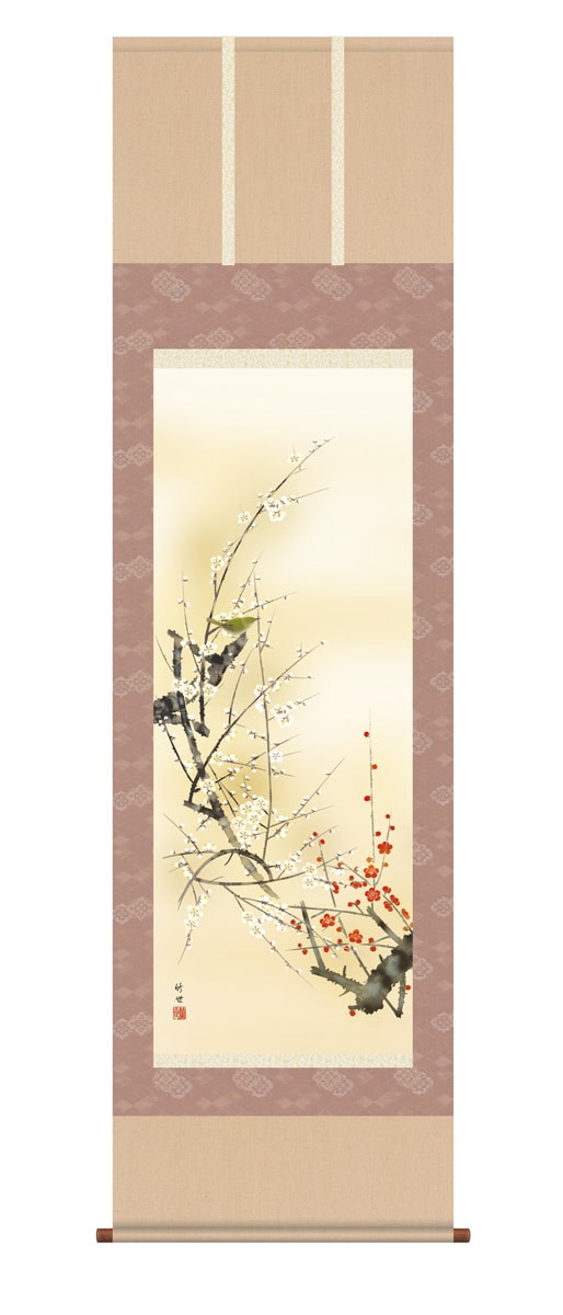 掛け軸 / 尺五立 紅白梅に鶯 田村 竹世 花鳥画 季節掛け 冬向け