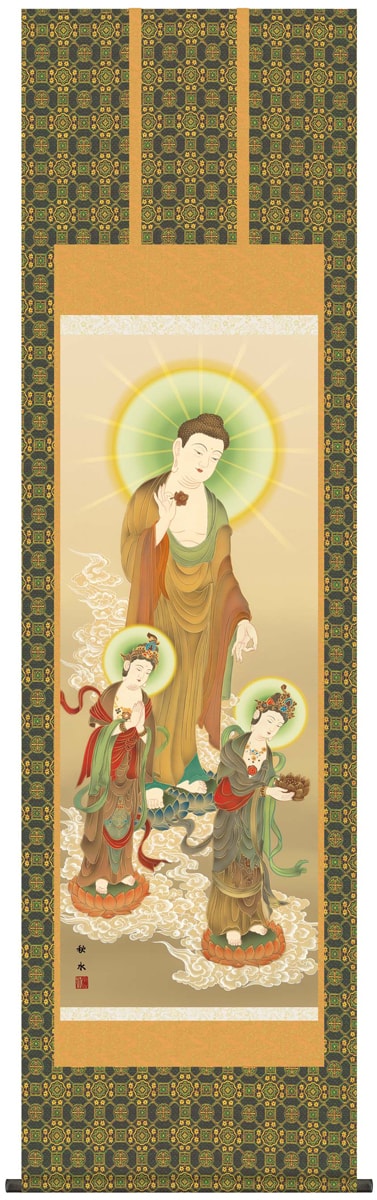 掛け軸 / 仏事 仏書画 浮田 尺五立 桐箱 金襴緞子佛表装 床の間 おしゃれ 壁掛け 絵 54.5cm×190cm