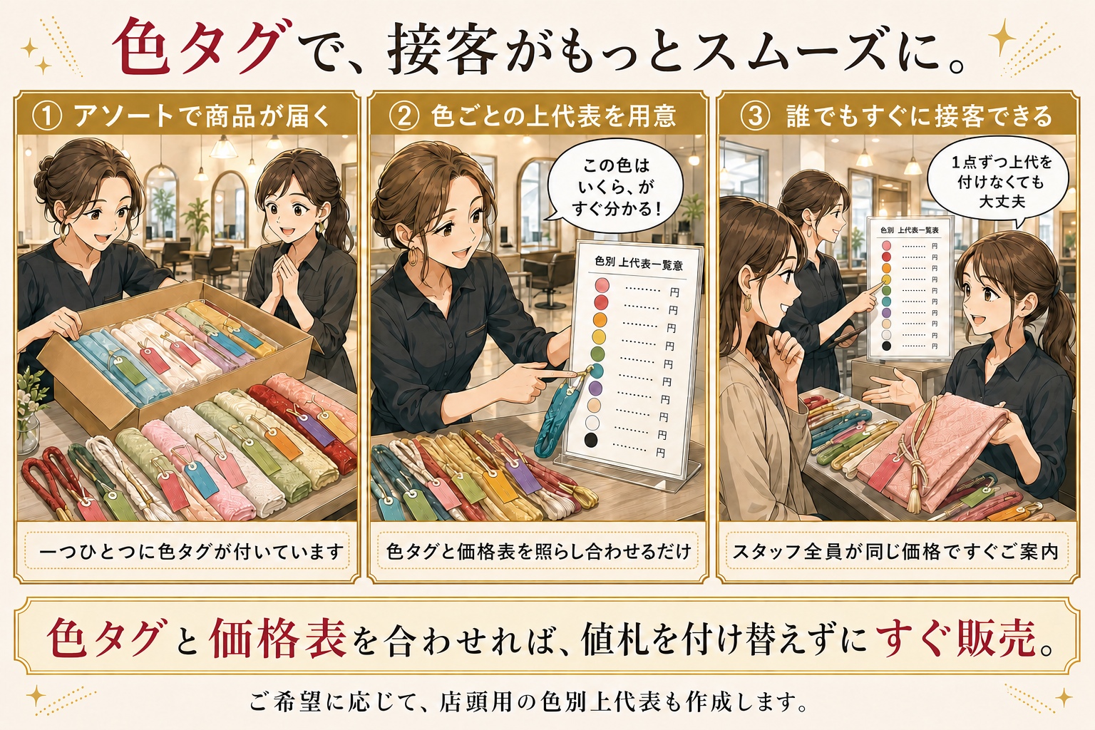 アソート商品に付いた色タグと店頭用の色別上代表を照らし合わせることで、商品ごとに値札を付け替えず、スタッフがすぐに価格をご案内できます。