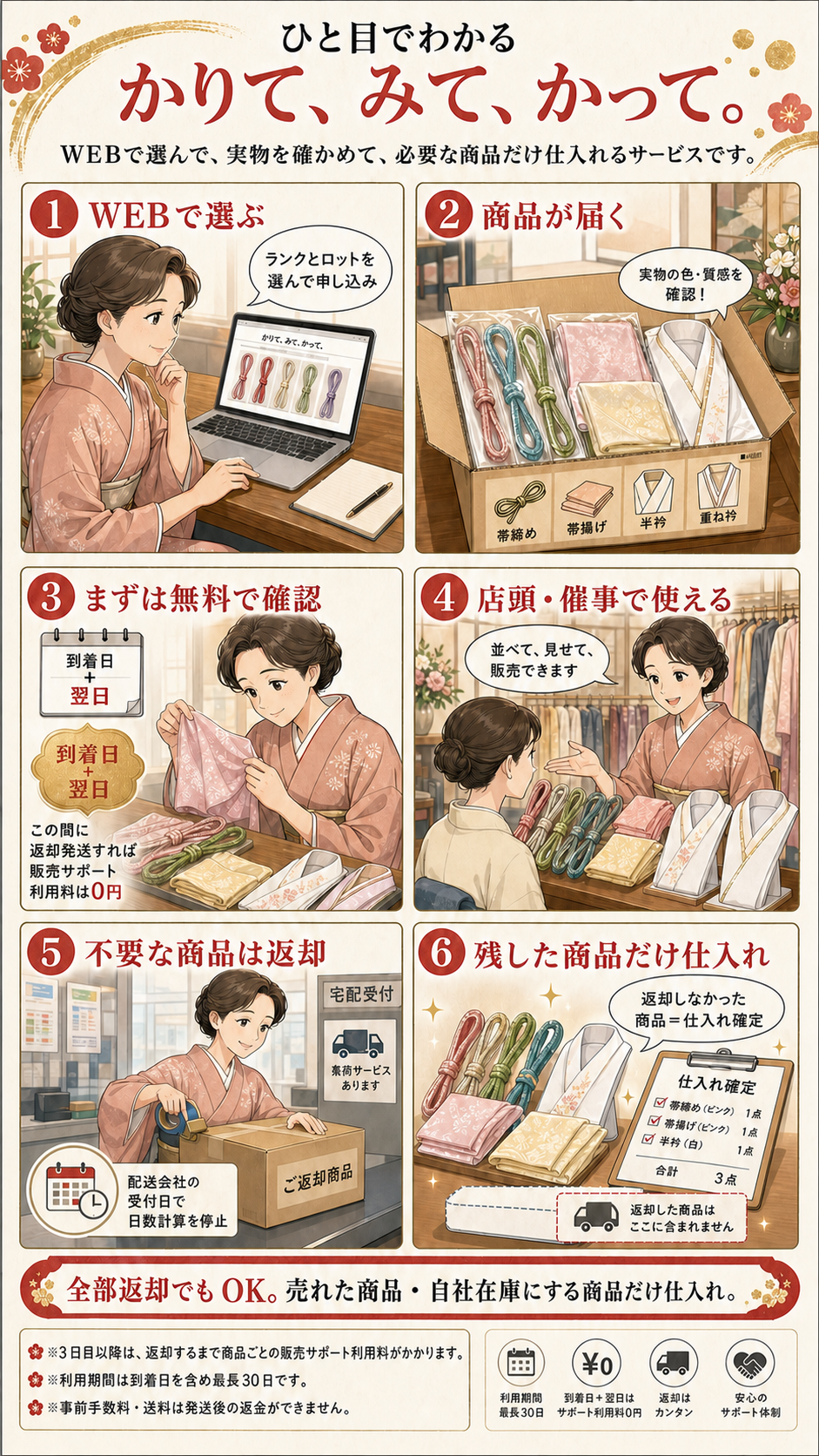 漫画でわかる、かりて、みて、かって。WEBで選び、商品を確認し、店頭や催事で販売。不要な商品は返却し、残した商品だけ仕入れるサービスです。