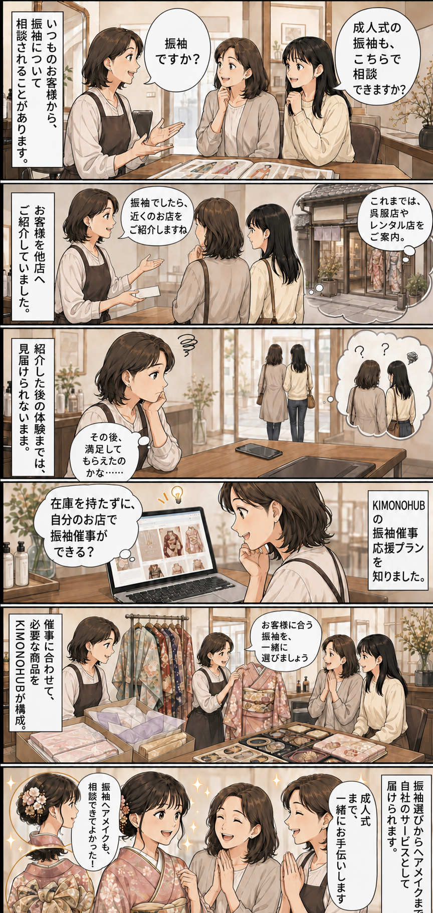 地域のお店がKIMONOHUBを活用して自社の振袖サービスを始めるまでの漫画