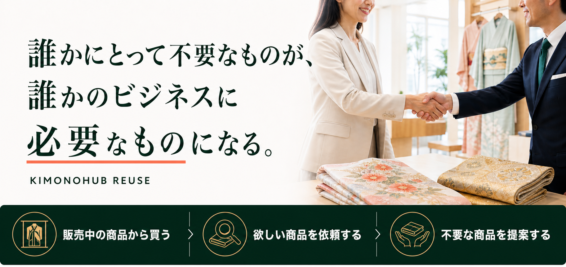 誰かにとって不要なものが、誰かのビジネスに必要なものになる。販売中の商品から買う、欲しい商品を依頼する、不要な商品を提案する。KIMONOHUB REUSE