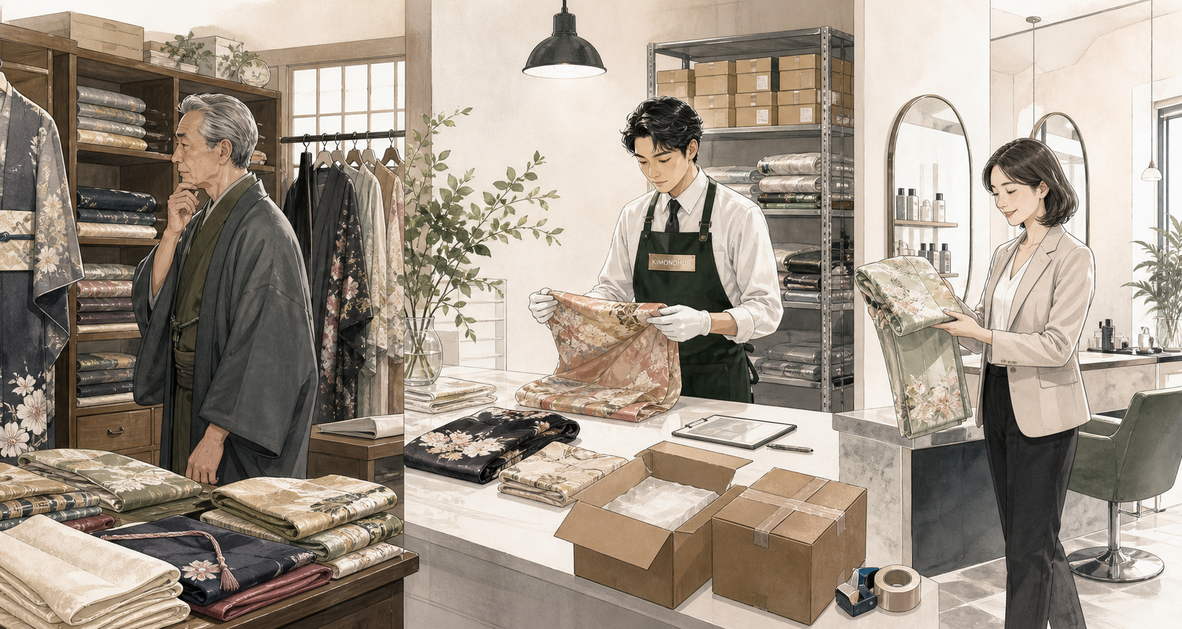 呉服店の在庫をKIMONOHUBが買い取り、検品して、着物を必要とする事業者へ販売する流れ