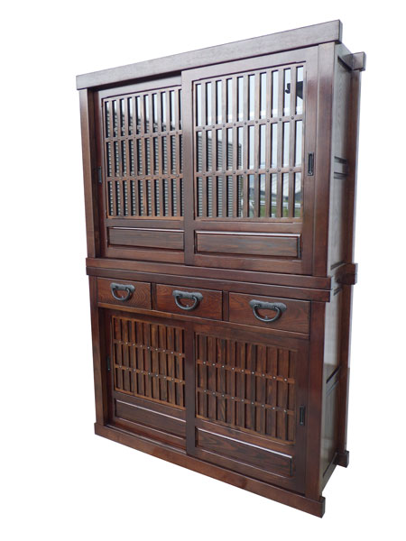 民芸家具 / 4尺 水屋 4尺サイズ 代引き不可 タンス 木製 食器入 和家具 メーカー直送玄関渡し 漆塗 蟻組 無垢 インテリア 民芸