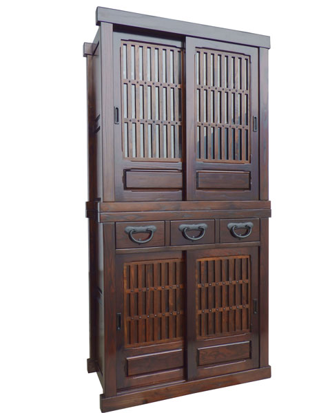 民芸家具 / 3尺 水屋 3尺サイズ 代引き不可 タンス 木製 食器入 和家具 メーカー直送玄関渡し 漆塗 蟻組 無垢 インテリア 民芸